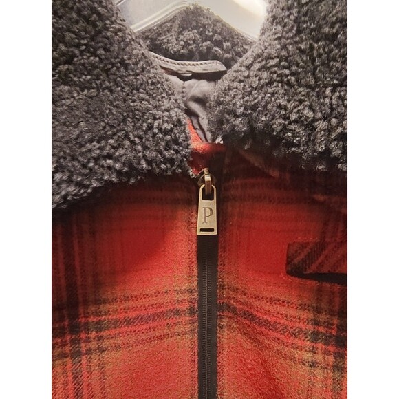 Red Buffalo Check Pendleton Lafayette  Wool  Coat Shearling Collar Womens  L - Picture 3 of 16